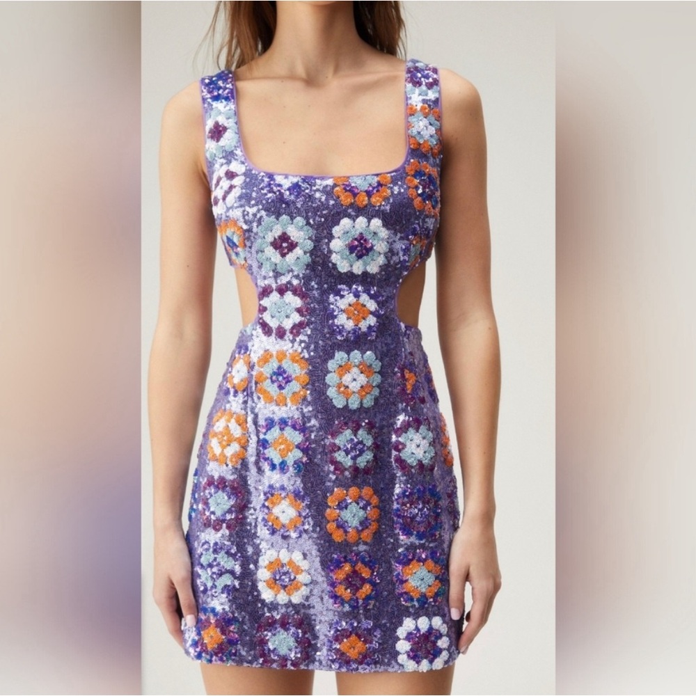 Nasty Gal Purple Floral Sequin 70s Dress